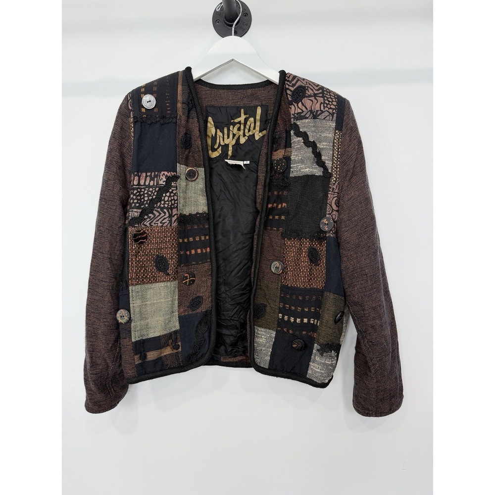 Vintage Crystal Wearable Art Patchwork Jacket Boho Mixed Media Avant Garde S